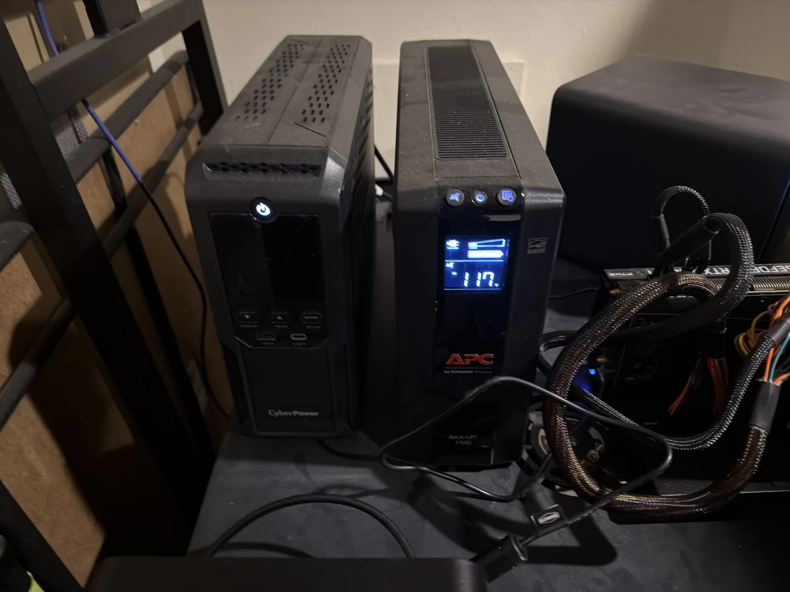 Two uninterruptible power supplies, an APC 1500 and a CyberPower unit